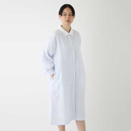 マシュマロガーゼ  レディスストライプ柄シャツカラーワンピース